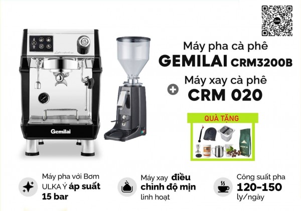 Combo máy pha cà phê CRM 3200B Và Máy Xay Cafe GEMILAI CRM020